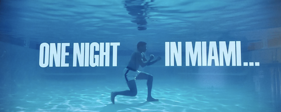 The title card of “One Night in Miami…” shows Cassius Clay (Eli Goree) training underwater.