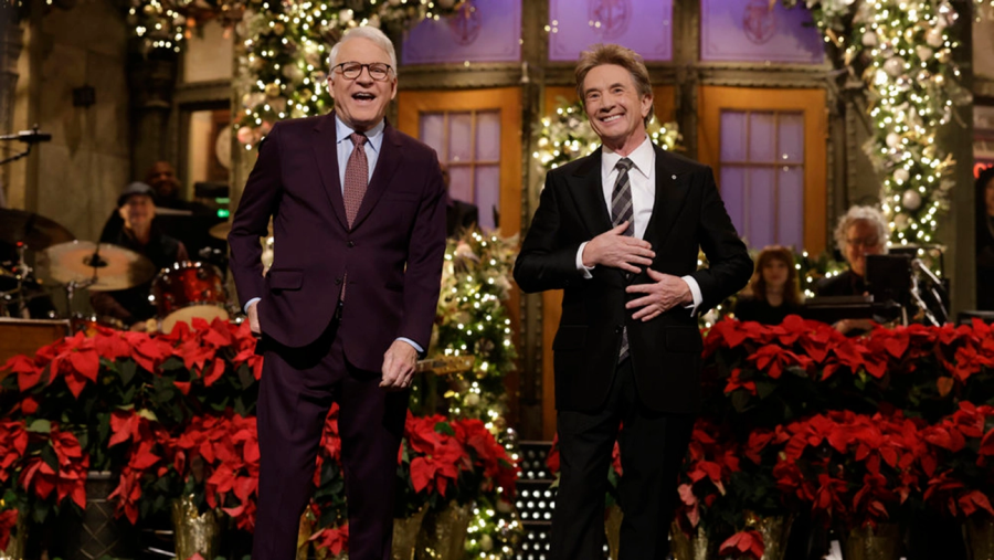 Steve Martin and Martin Short presenting their opening monologue.