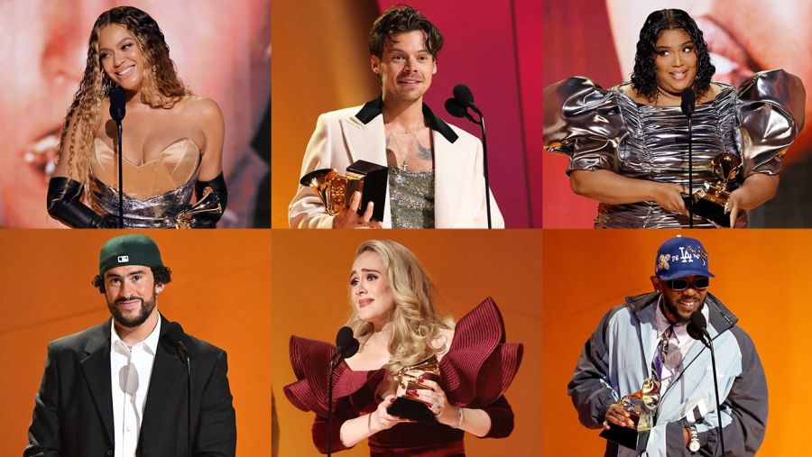 Beyonc%C3%A9%2C+Harry+Styles%2C+Lizzo%2C+Bad+Bunny%2C+Adele%2C+and+Kendrick+Lamar+accepting+their+awards.