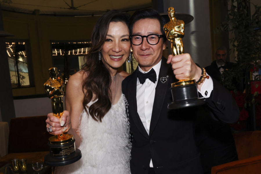Michelle Yeoh and Ke Huy Quan pictured together after winning their respective Oscar awards.