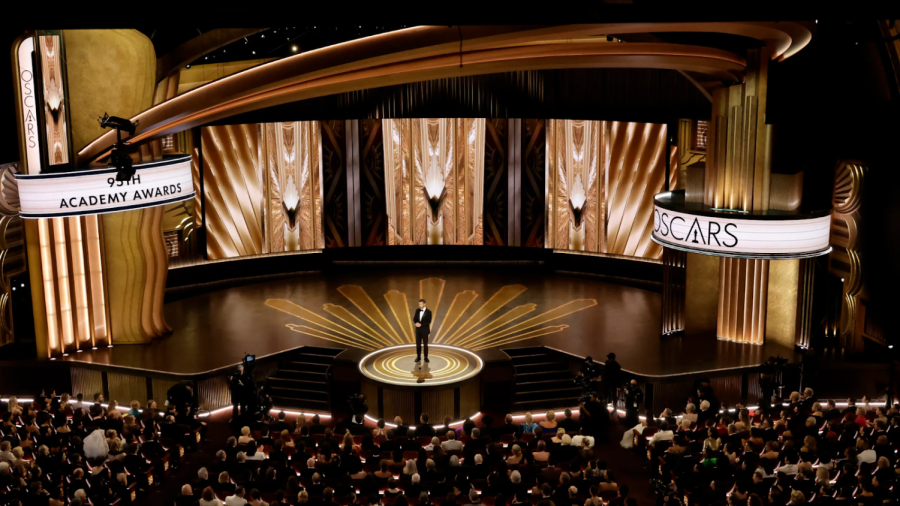 An+overheard+view+of+host+Jimmy+Kimmel+addressing+the+Oscars+audience.