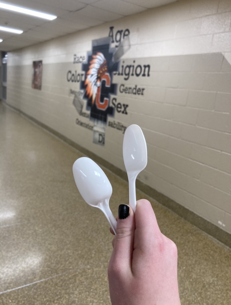 Two spoons held in front of a Cherokee Mural. 