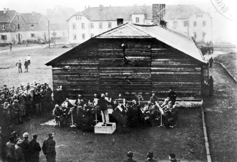 An Auschwitz orchestra performs.