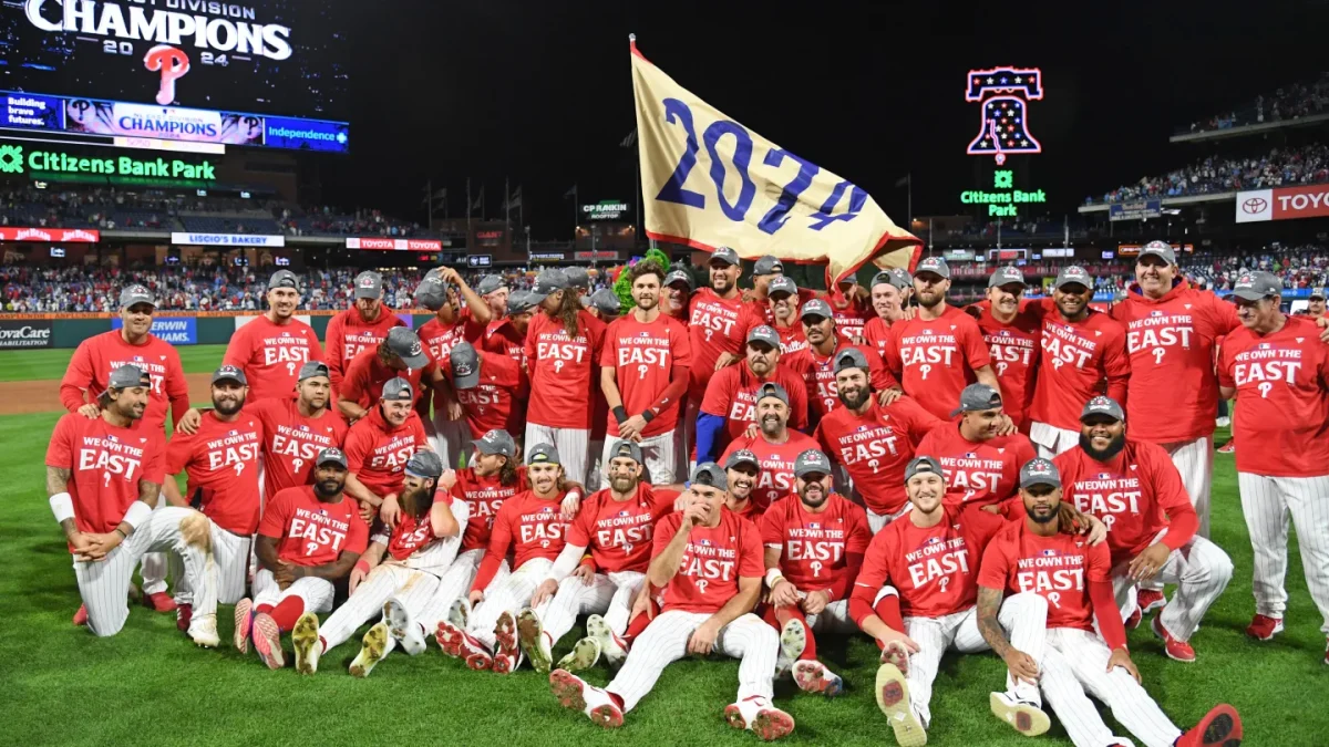 The Phillies pose for a picture after winning the NL East title