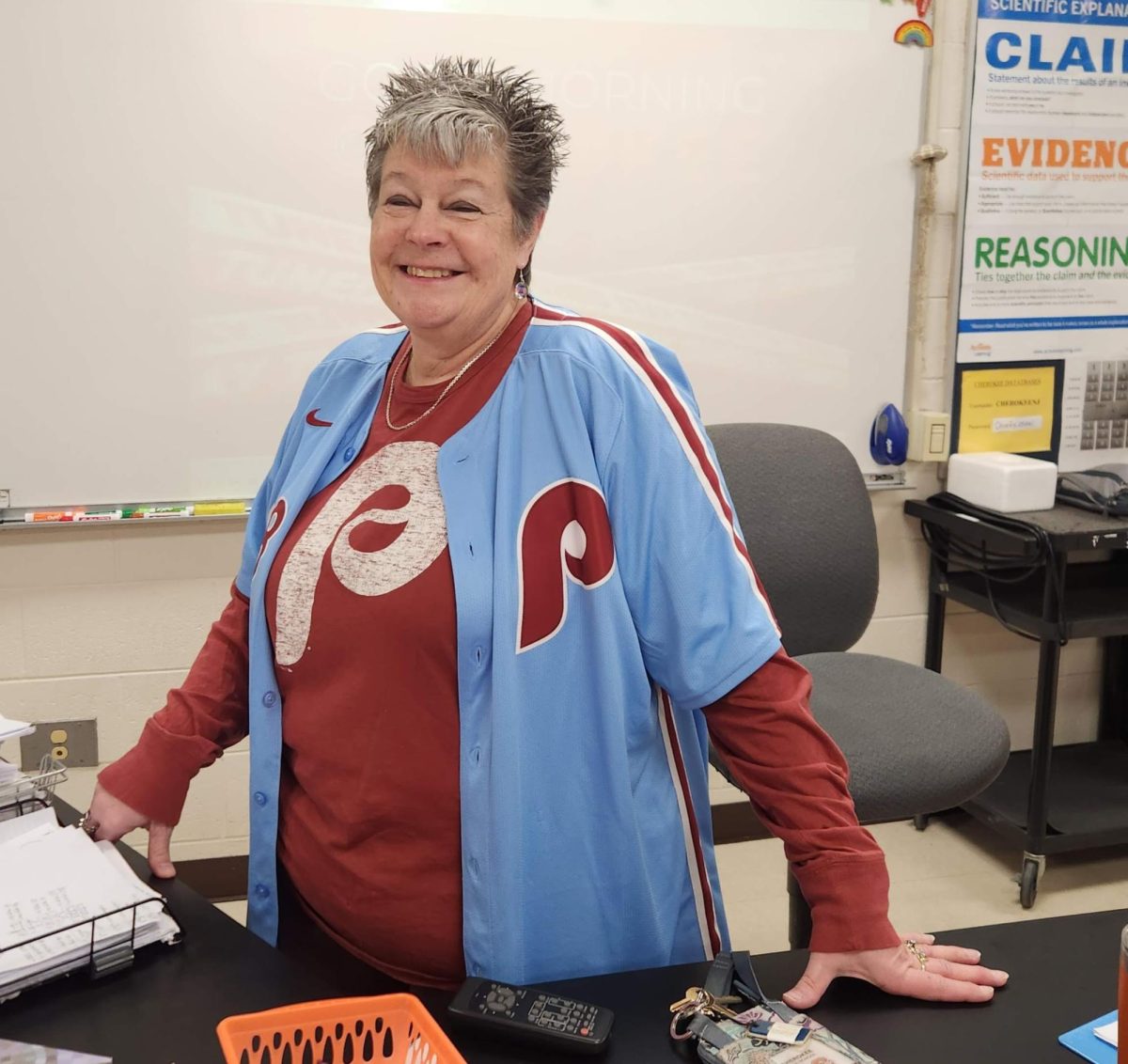 Mrs. DeBlieu shows off her Phillies gear for Opening Day!