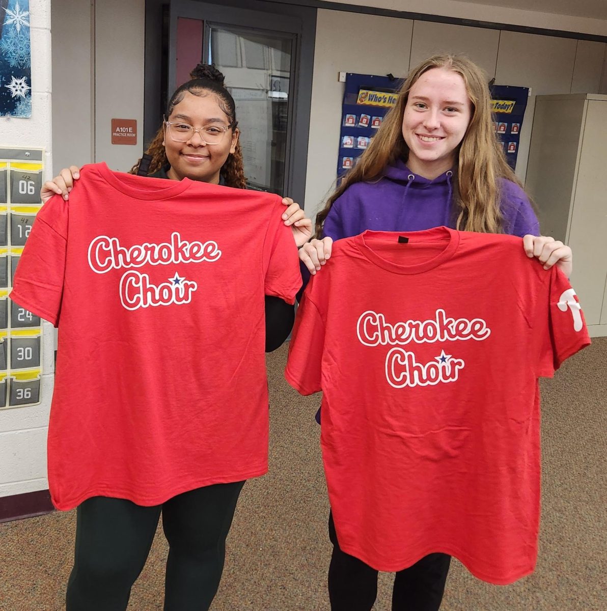 Navaeh King ('28) and Lily Gorsline ('28) show off their Cherokee Choir shirts as they get ready to perform at an upcoming Phillies game! 