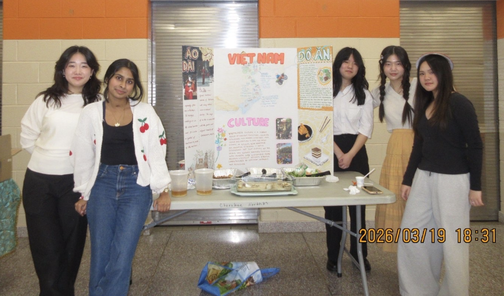 A table display for Vietnam, organized by Esther Yoo ('27), Ishani Basu ('27), Letty Ye ('27), Jaylen Au ('27) and An Dinh ('27), members of Cherokee’s Asian Cultural Club (ACC)