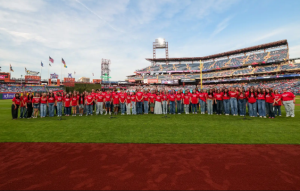 The Cherokee Choir posing for a photo before performing at Citizens Bank Park